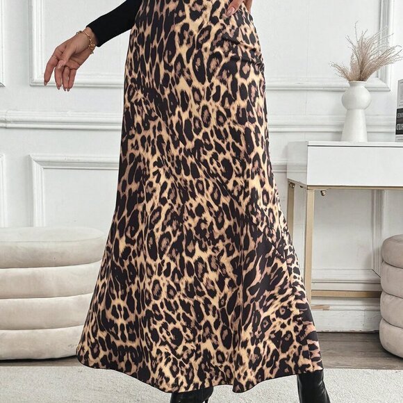 Multicolor Elegant Women's Casual High-Waisted Leopard Print Long Skirt - Picture 4 of 6